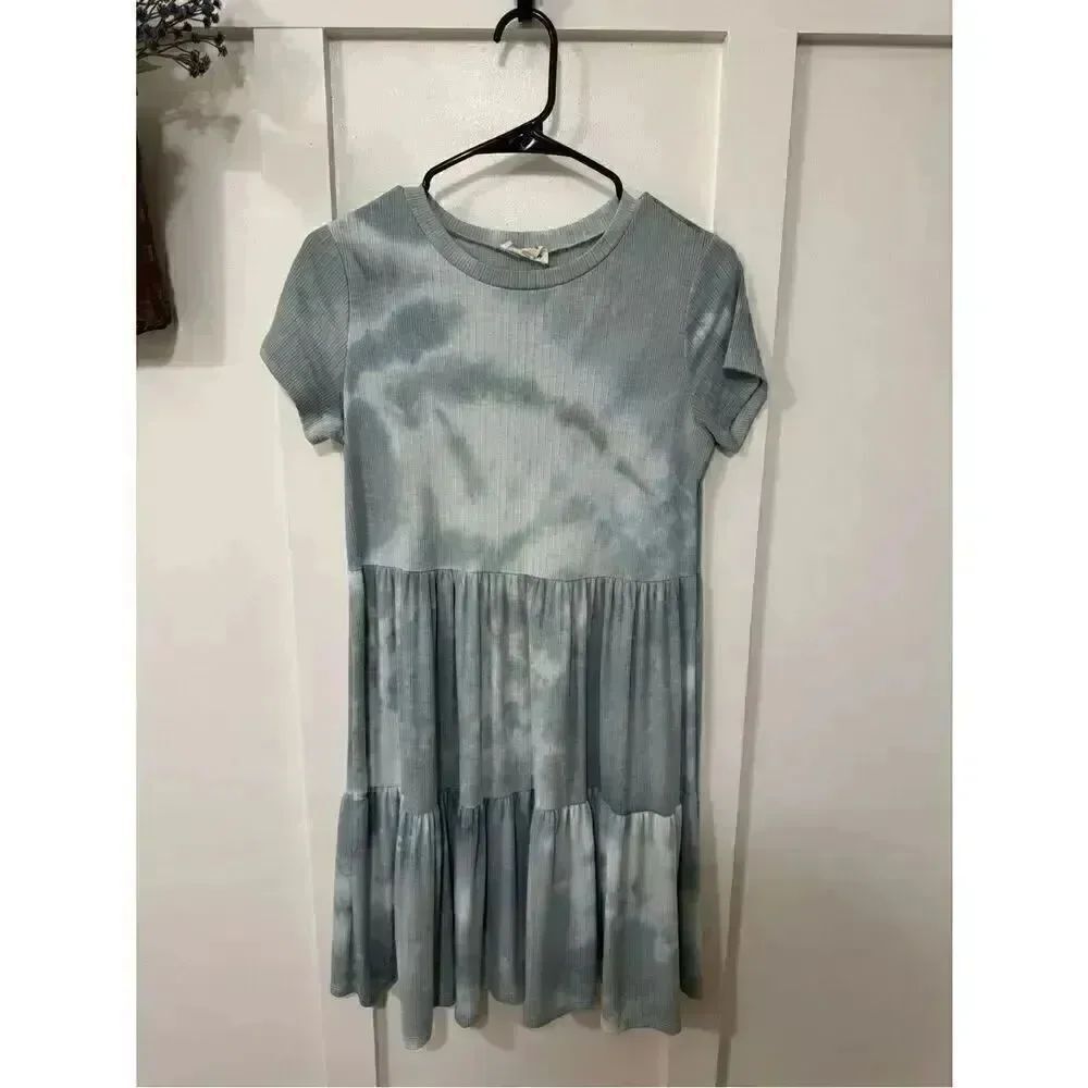 See You Monday Pale Blue Tie-Dye Tiered Short Sleeve Mini Dress